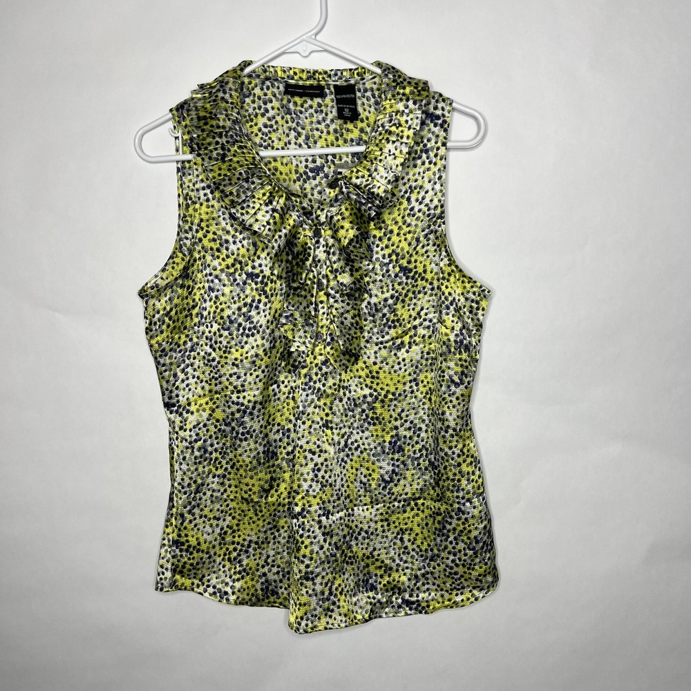 New York & Company Blouse Womens 12 Yellow Animal Print Ruffle V Neck Sleeveless